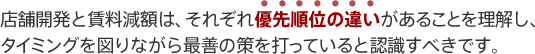 店舗開発と賃料減額は、それぞれ優先順位の違いがあることを理解し、タイミングを図りながら最善の策を打っていると認識すべきです。